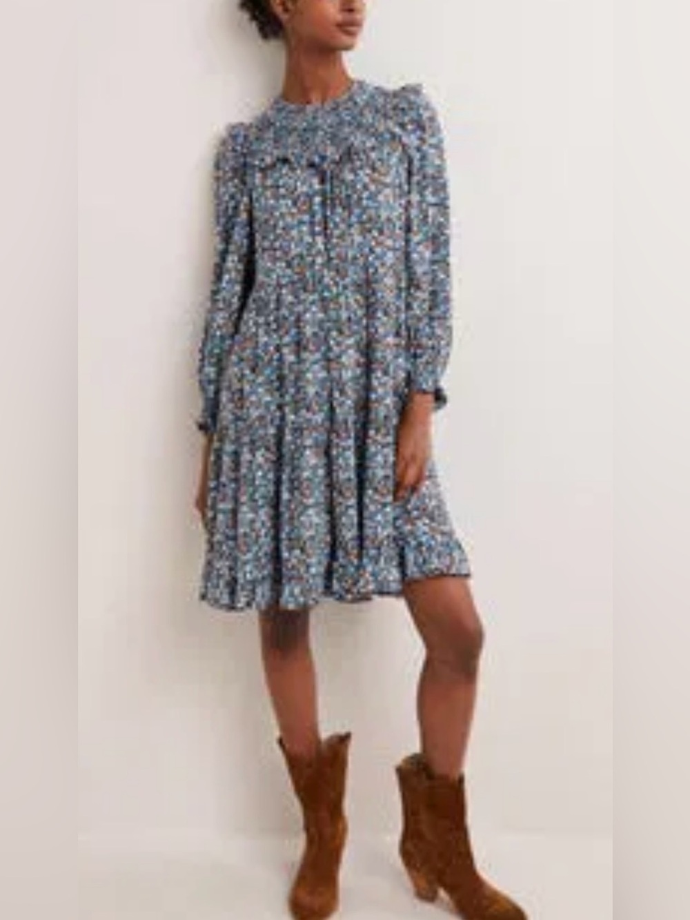 Boden Blue Floral Long-Sleeve Tiered Dress